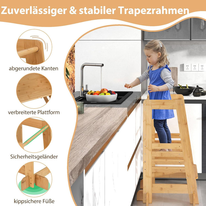 DREAMADE Lernturm für Kleinkinder, Lernstuhl aus Bambus mit 4-stufig höhenverstellbar, Tritthocker m