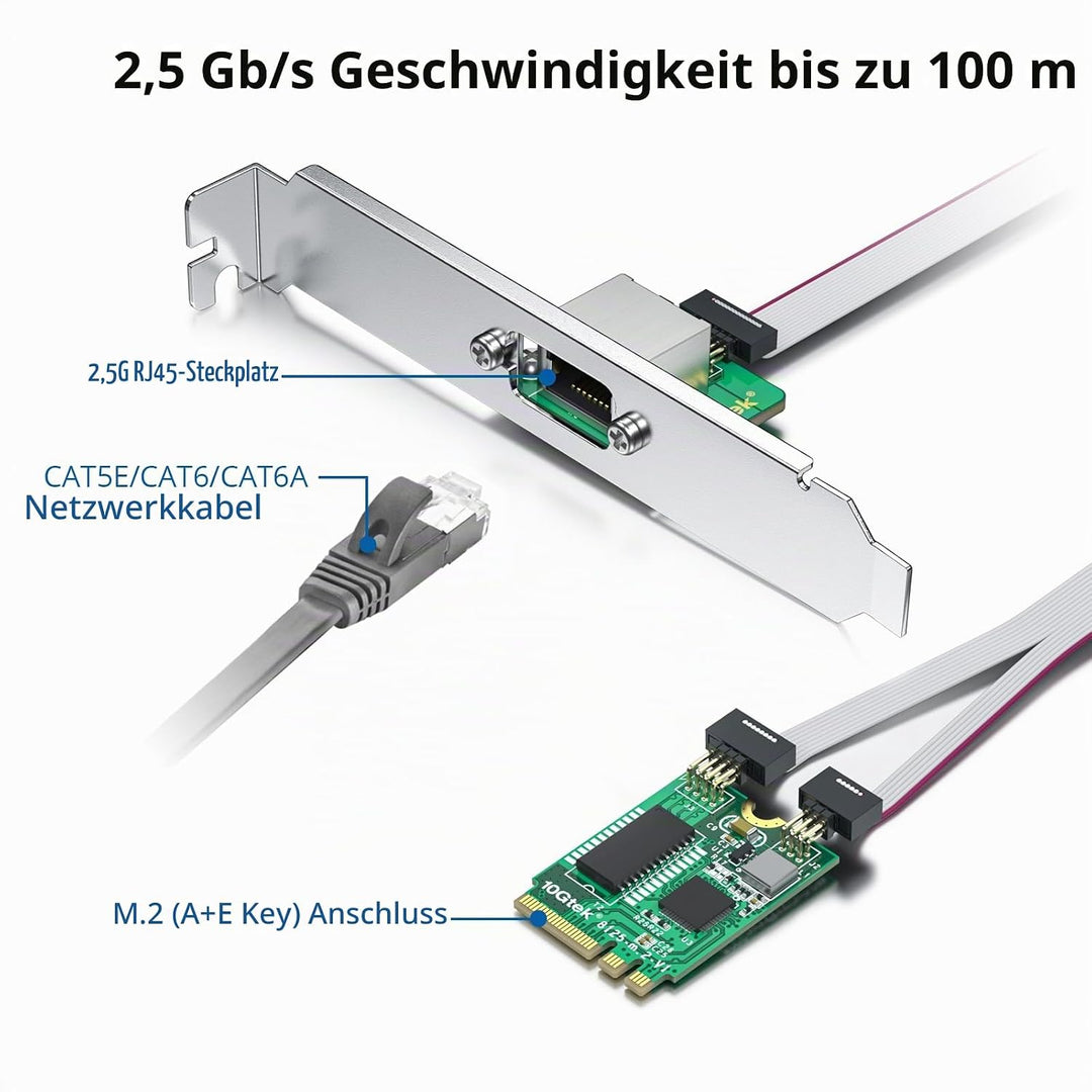 10Gtek M.2 A+E Key 2.5G Gigabit Ethernet Network Card, 18-cm Cable Length 2.5G(M.2 A+E Key) 1-RJ45,