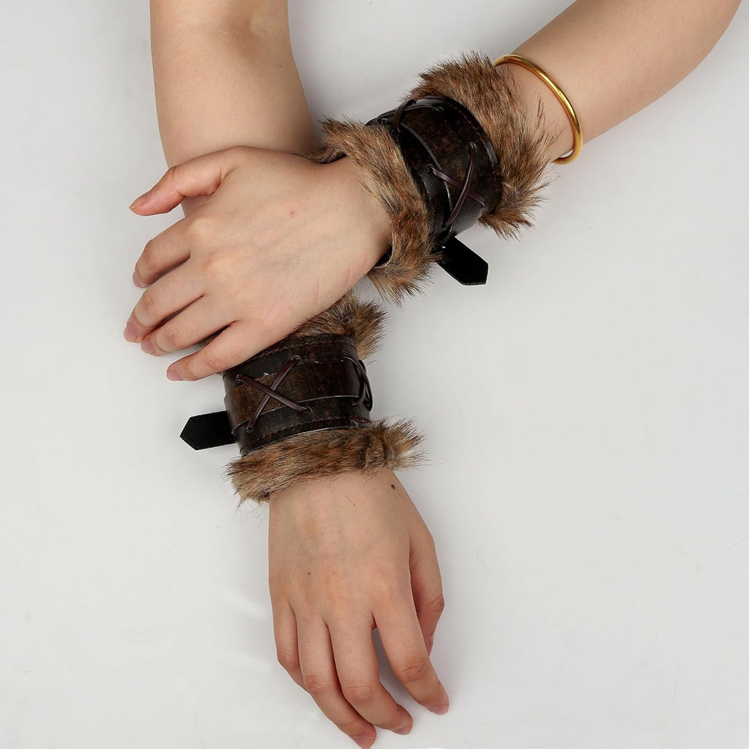 keland 1 Paar Wikinger Pelz Leder Armschienen Armschutz Mittelalter Armbänder für Damen Herren (X-Br