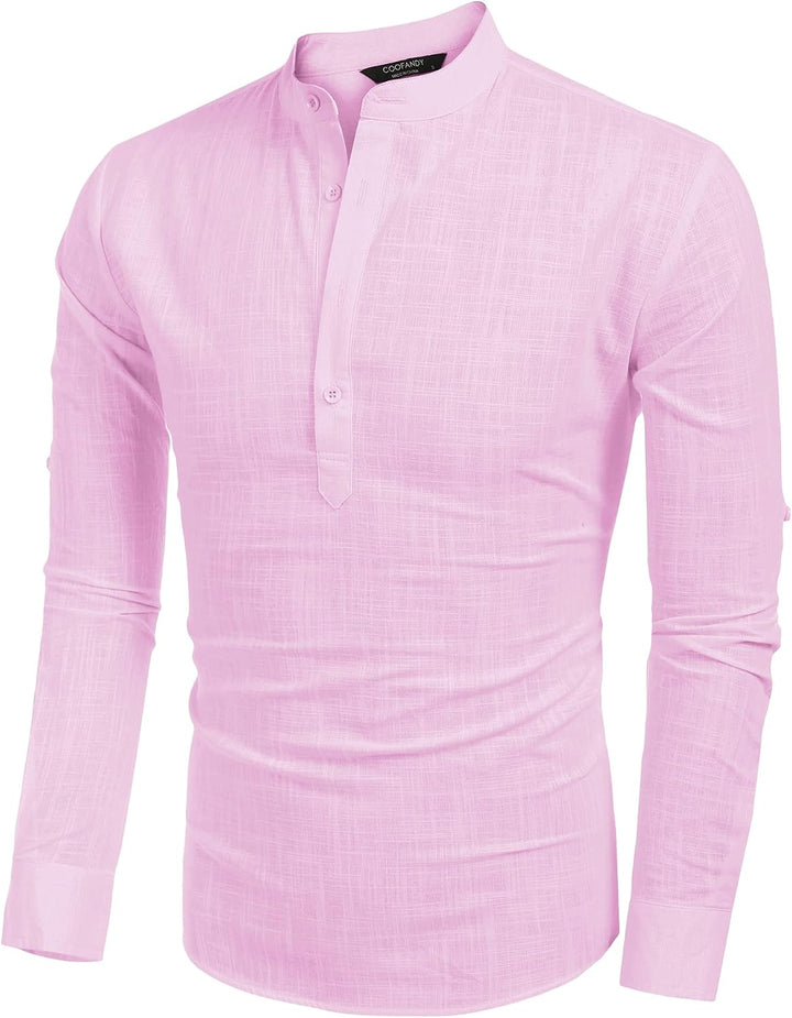 COOFANDY Herren Hemd Langarm Henley Shirt Leinenhemd Baumwolle Casual Regular Fit Sommerhemd A-rosa