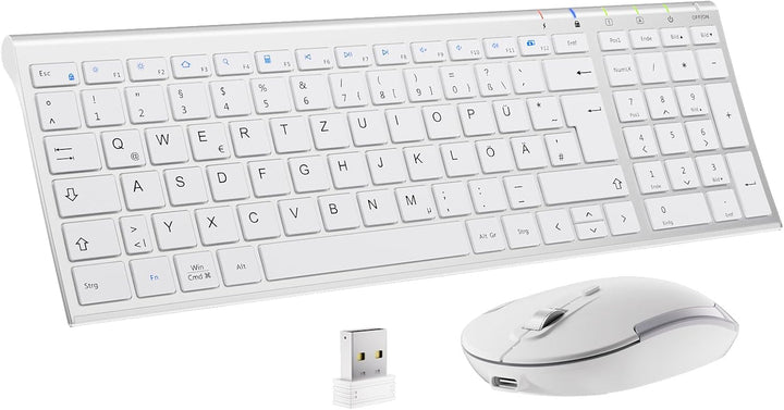 2.4G Maus Set kabellos, iclever Aluminium Wireless Slim Tastatur QWERTZ Layout (Deutsch), für Comput
