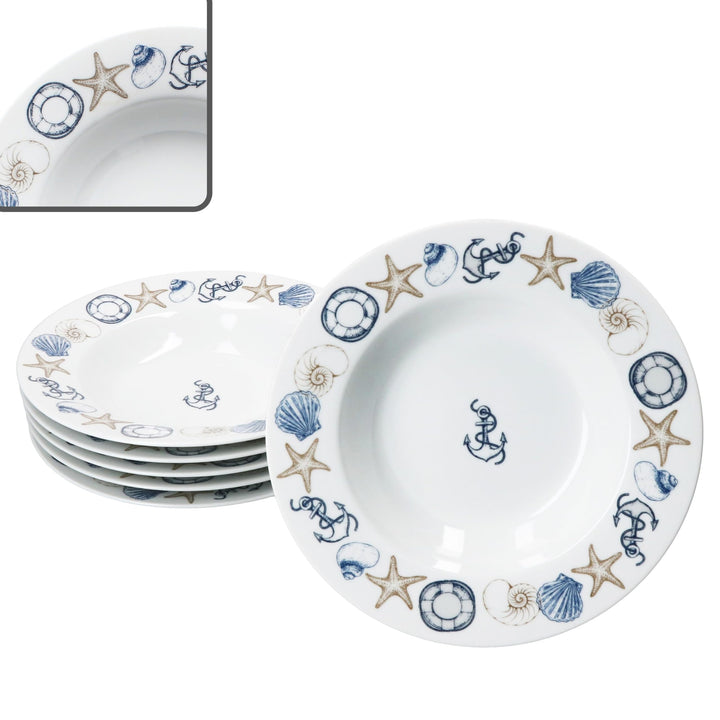 MamboCat Neptun 6er Set Suppenteller I 180ml I Porzellan-Teller mit maritimen Motiven Anker, Muschel