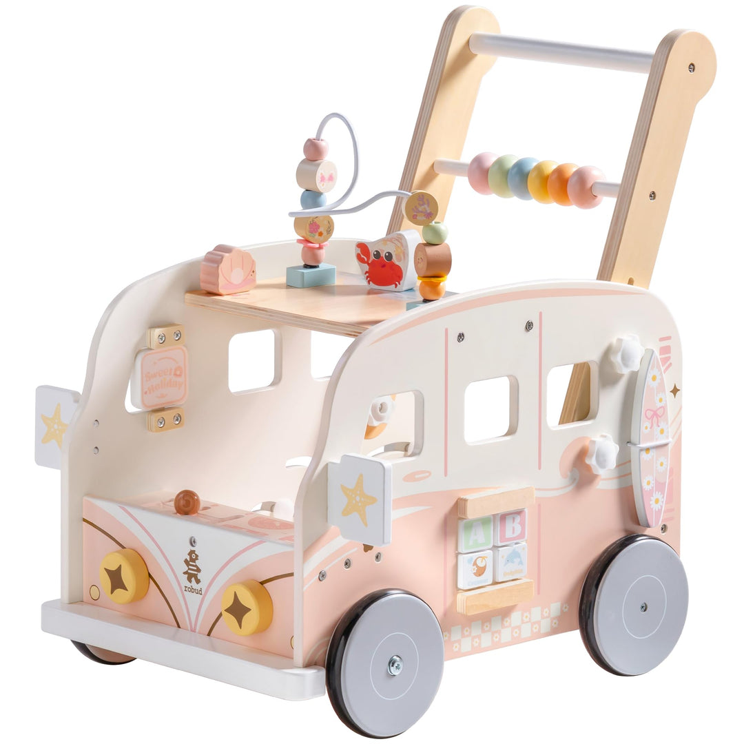 ROBUD Baby Lauflernhilfe Holz, Interaktiver Lauflernwagen, Einstellbare Geschwindigkeit & Höhe Baby