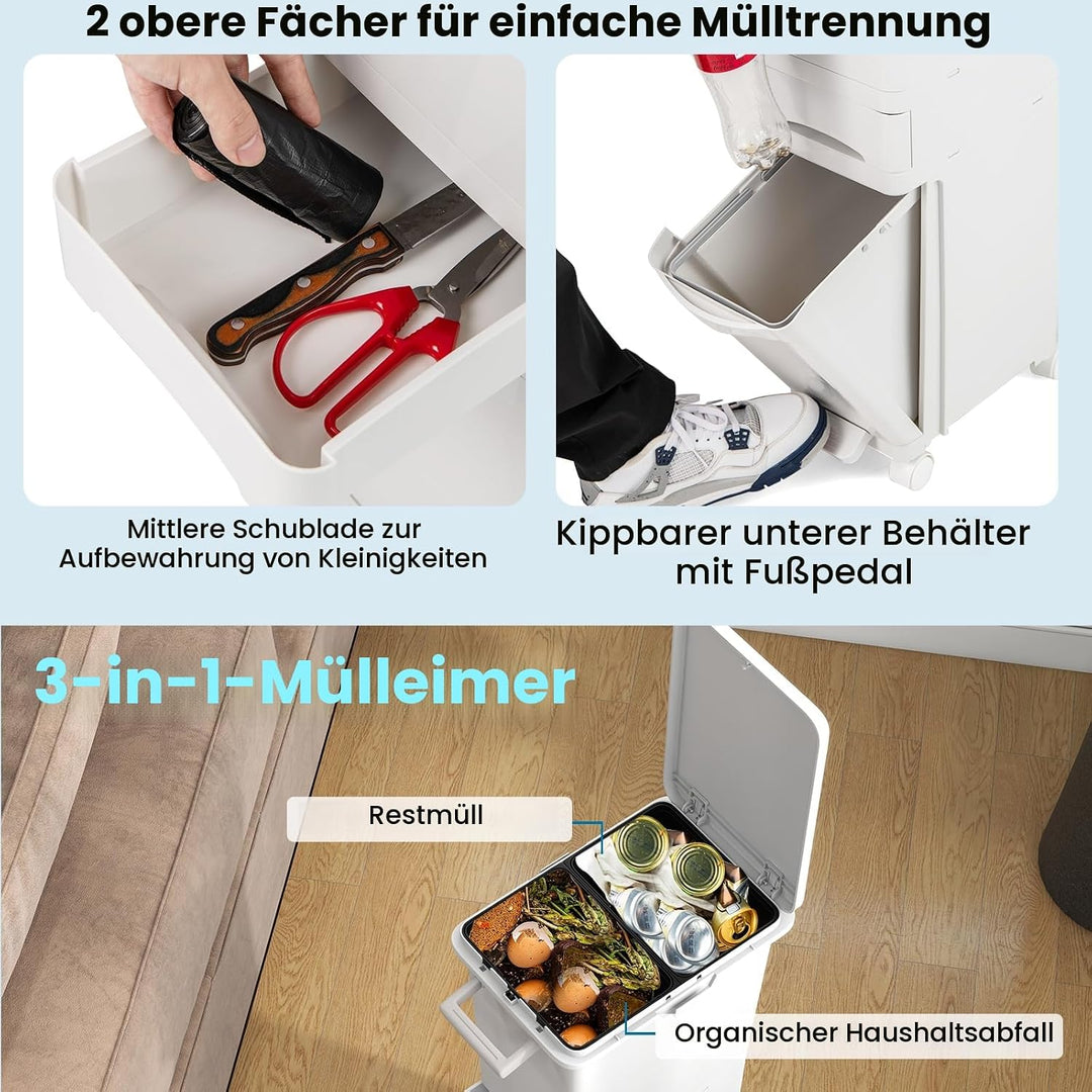 LIFEZEAL 32 L Mülleimer auf Rädern, Abfallsammler Küche, Trocken- und Nasstrennung Mülltrennsystem m