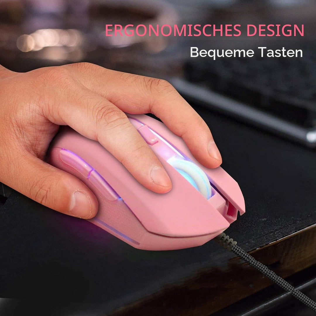 IULONEE Kabelgebundene Gaming-Maus USB C geräuscharmes Klicken 7 Farben Hintergrundbeleuchtung optis