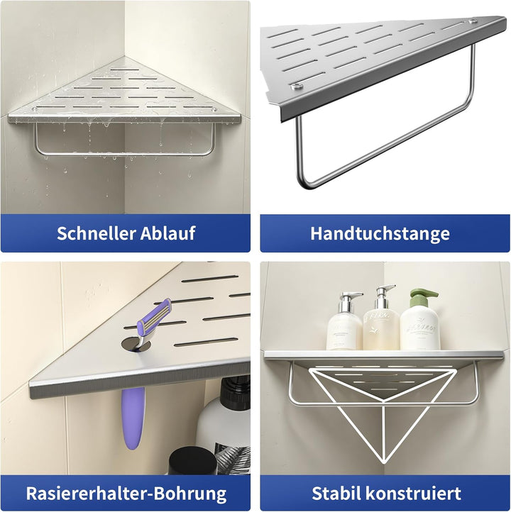 Eck-Duschregal aus 304-Edelstahl,Eckregal Dusche mit Handtuchstange | 25,4 cm Duschablage Ecke für B