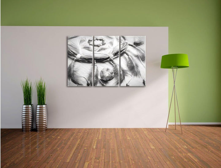 Pixxprint Traumfänger mit Federn / 3-Teilig/Gesamtmass 120cm Leinwandbild bespannt auf Holzrahmen/Wa