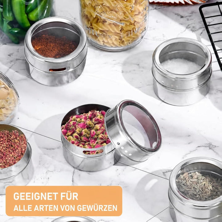 24 Stück Edelstahl Magnetische Gewürzdosen mit Deckeln, Magnet Gewürz Aufbewahrung Dosen Set mit 48