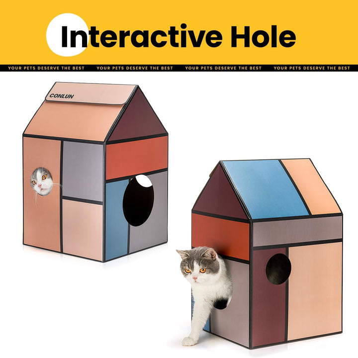 Conlun Katzenhaus mit Kratzbrett &amp; Katzenminze, Leicht zu Montieren - Kratzhöhle für Wohnungskatzen,