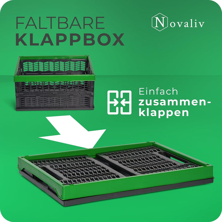 Novaliv Klappboxen faltbar stabil | 6x 30L Grün Schwarz baskets Einkaufskiste| Klappkisten Set Trage