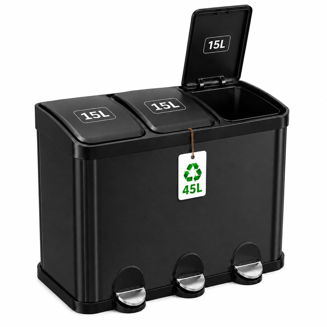 Amig - Dreifacher Mülleimer mit Pedalen 45 Liter | 3 herausnehmbare 15-Liter-Fächer | Recyclingbehäl