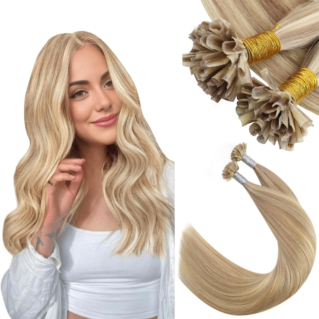 Ugeat Keratin Bonding Extensions Echthaar Blond Highlight Echthaar Extensions U Tip Goldblond mit He