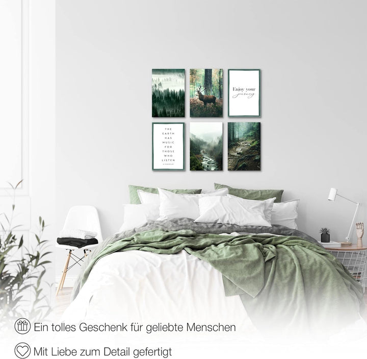 Novart Wandbilder Set - KOMPLETT AUFHÄNGFERTIG - Made in Germany - Moderne Bilder Wald Hirsch Wohnzi