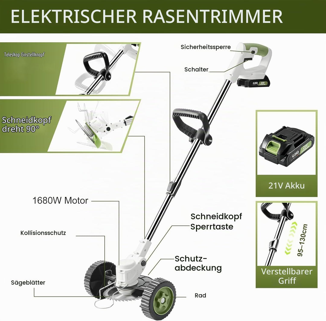 Akku Rasentrimmer mit Rädern,kabelloser Garten Freischneider