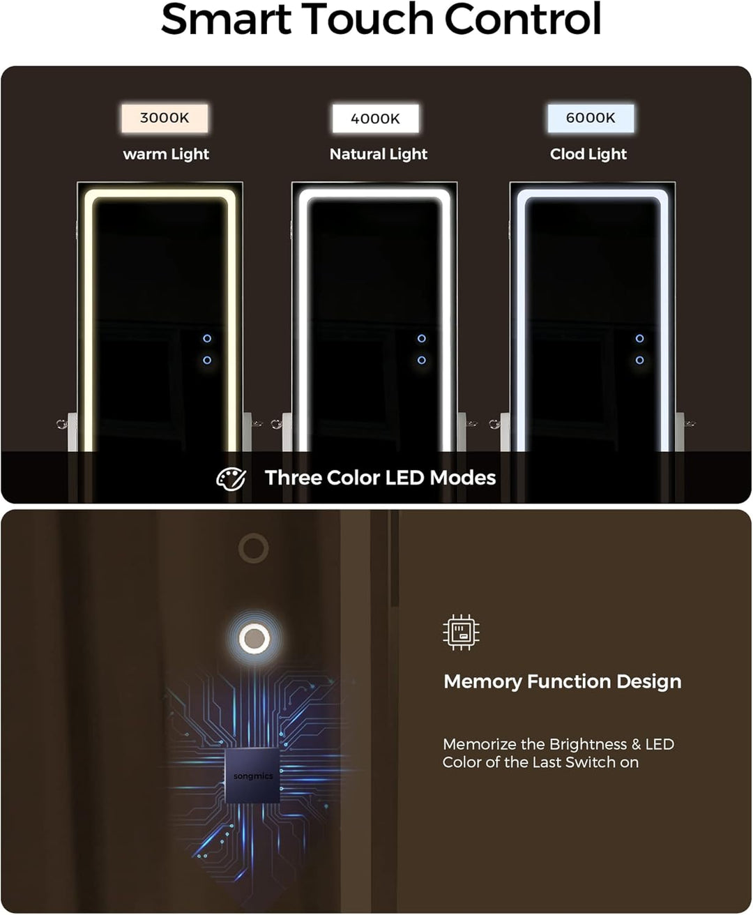 SONGMICS Schmuckschrank, Spiegelschrank, Schmuck-Organizer mit LED-Beleuchtung, einstellbare Farbe u