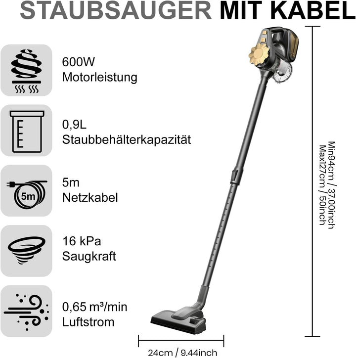 Staubsauger Mit Kabel Beutellos Stielstaubsauger 16KPA Starke Saugleistung 600W Staubsauger Mit HEPA