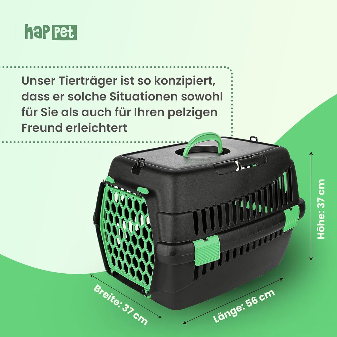 HAPPET Tiertransportbox Teddy M Grün 56x37x37 cm – Robuste, gut belüftete Transportbox für Katzen &