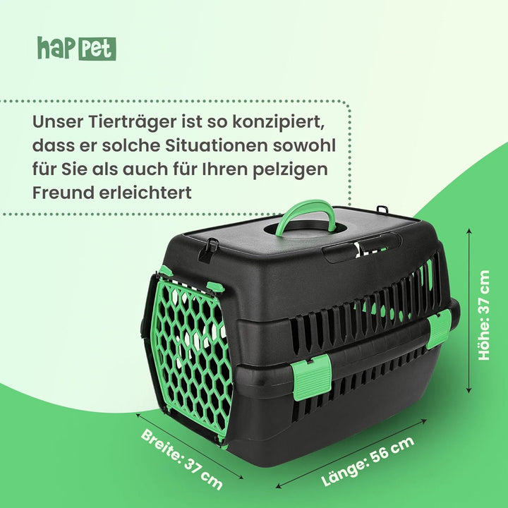 HAPPET Tiertransportbox Teddy M Grün 56x37x37 cm – Robuste, gut belüftete Transportbox für Katzen &