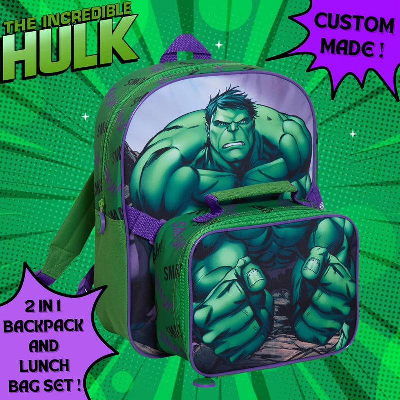The Hulk Rucksack mit Lunchtasche für Kinder, Marvel Schultasche, 2-teilig, passendes isoliertes Lun