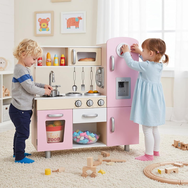 Clevich Puppenküche Holz, Kinderküche aus Holz, Spielzeugküche mit zubehör, inklusive Eismaschine, T