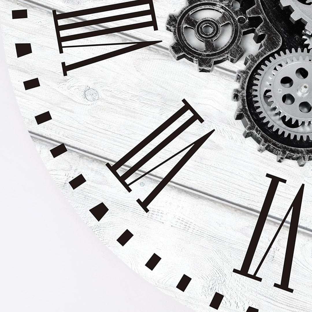 Lafocuse Weiss Wanduhr Gross mit Beweglichen Zahnrädern Industrial Steampunk XXL Holz Vintage Retro