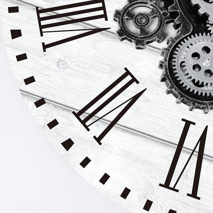 Lafocuse Weiss Wanduhr Gross mit Beweglichen Zahnrädern Industrial Steampunk XXL Holz Vintage Retro