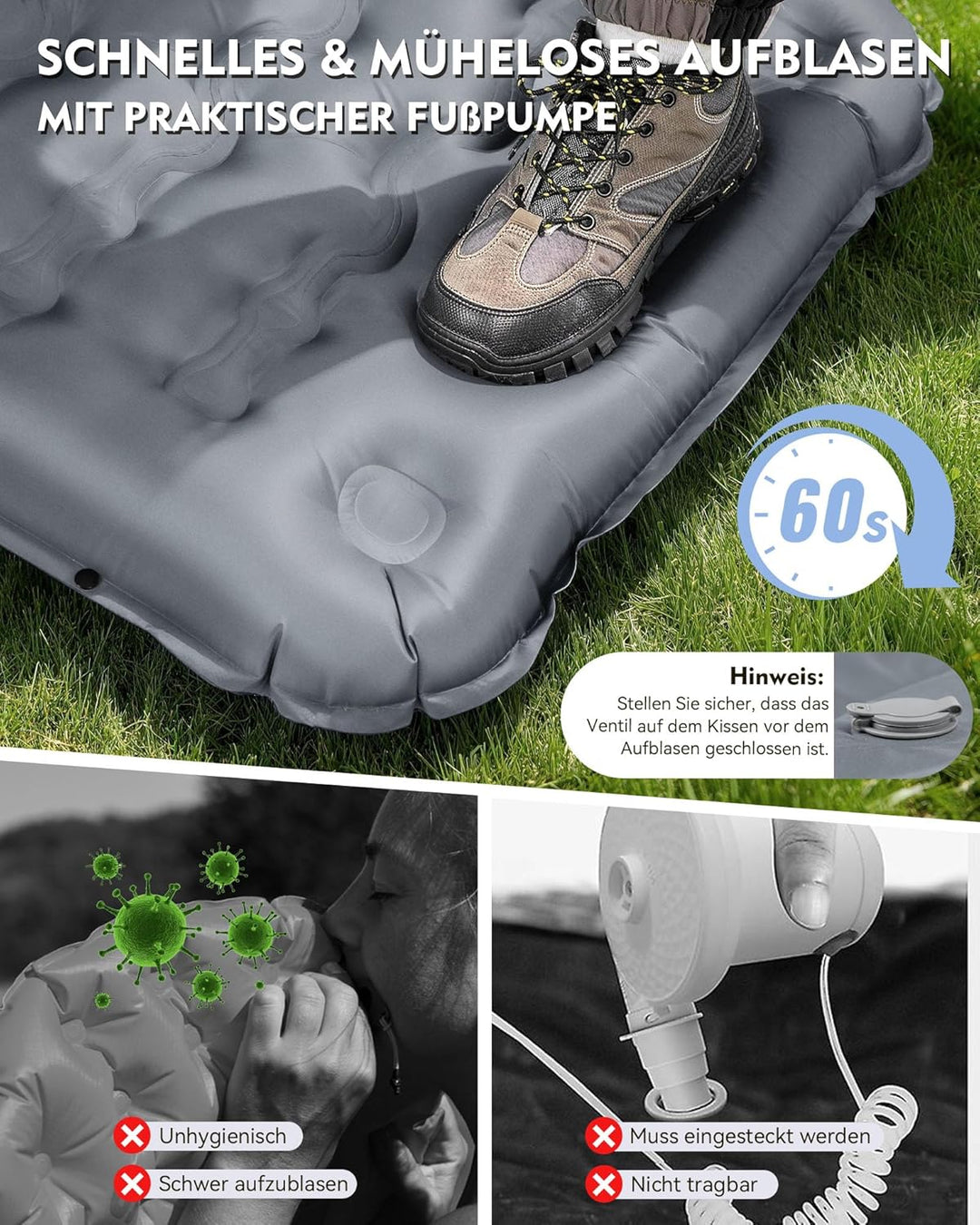 HIKENTURE Isomatte Camping, 12CM Ultradicke Isomatte Ultraleicht mit Kissen, Aufblasbare Matratze Kl