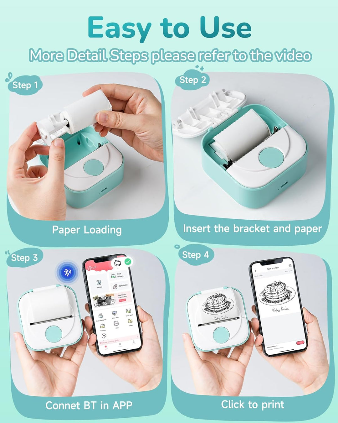 Q02 Mini Drucker- Bluetooth Fotodrucker für Smartphone, Thermodrucker für Lernen, Schulsachen Aesthe