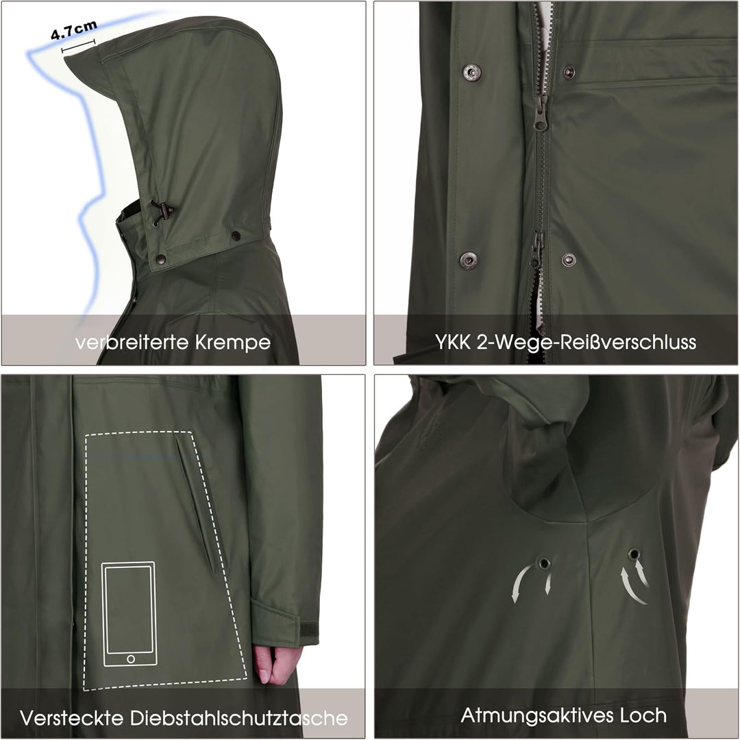 Regenmantel Damen lang Regenparka Damen wasserdicht atmungsaktiv gefütterte Regenjacke Trenchcoat Üb