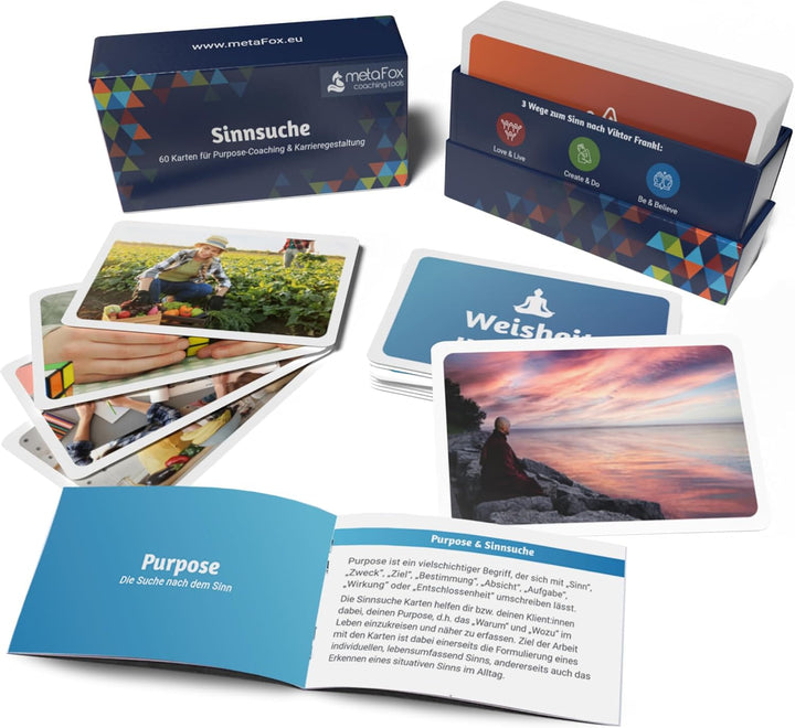 metaFox Kartenbox ‘Sinnsuche’ – 60 Coaching Karten für die Suche nach Sinn, Logotherapie und Karrier