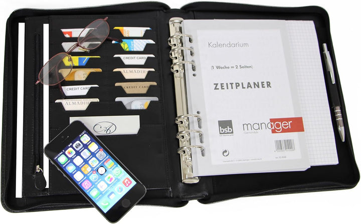 ALMADIH Leder A5 Organizer mit Ringmechanik Reissverschluss, Kalender 2024 Schreibblock Premium Rind