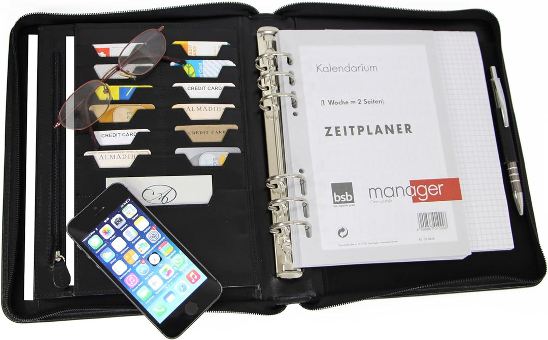 ALMADIH Leder A5 Organizer mit Ringmechanik Reissverschluss, Kalender 2024 Schreibblock Premium Rind