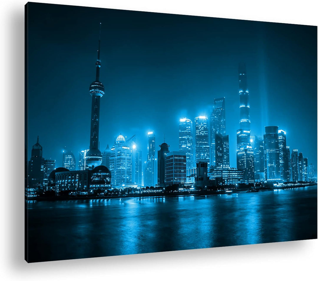 deyoli atemberaubende Shanghai Skyline Format 80x60 Effekt: Monocrome Blau als Leinwandbild, Motiv f