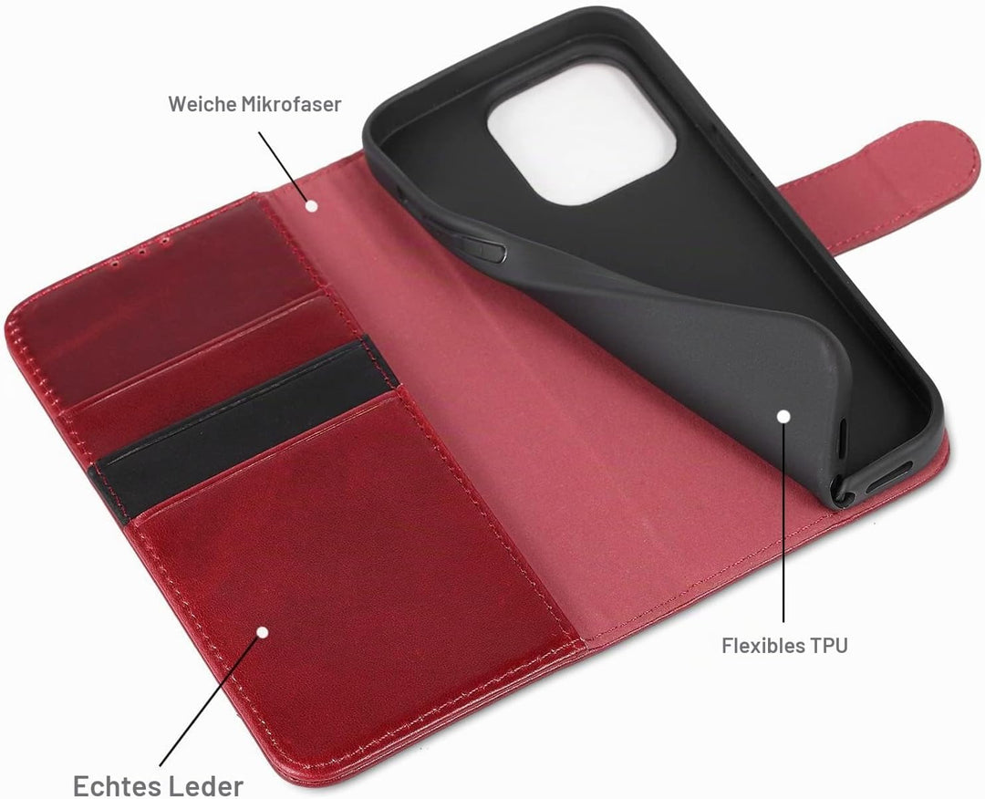 LENSUN Echtleder Hülle für iPhone 14 Pro, Premium Schutzhülle - Weinrot | Handyhülle Echtes Leder, L