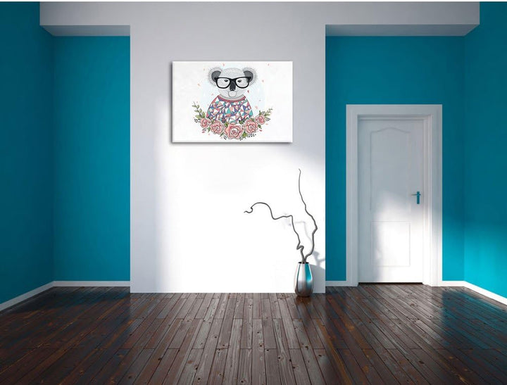 Pixxprint Hipster Koala mit Rosen als Leinwandbild/Grösse: 100x70 cm/Wandbild/Kunstdruck/fertig besp