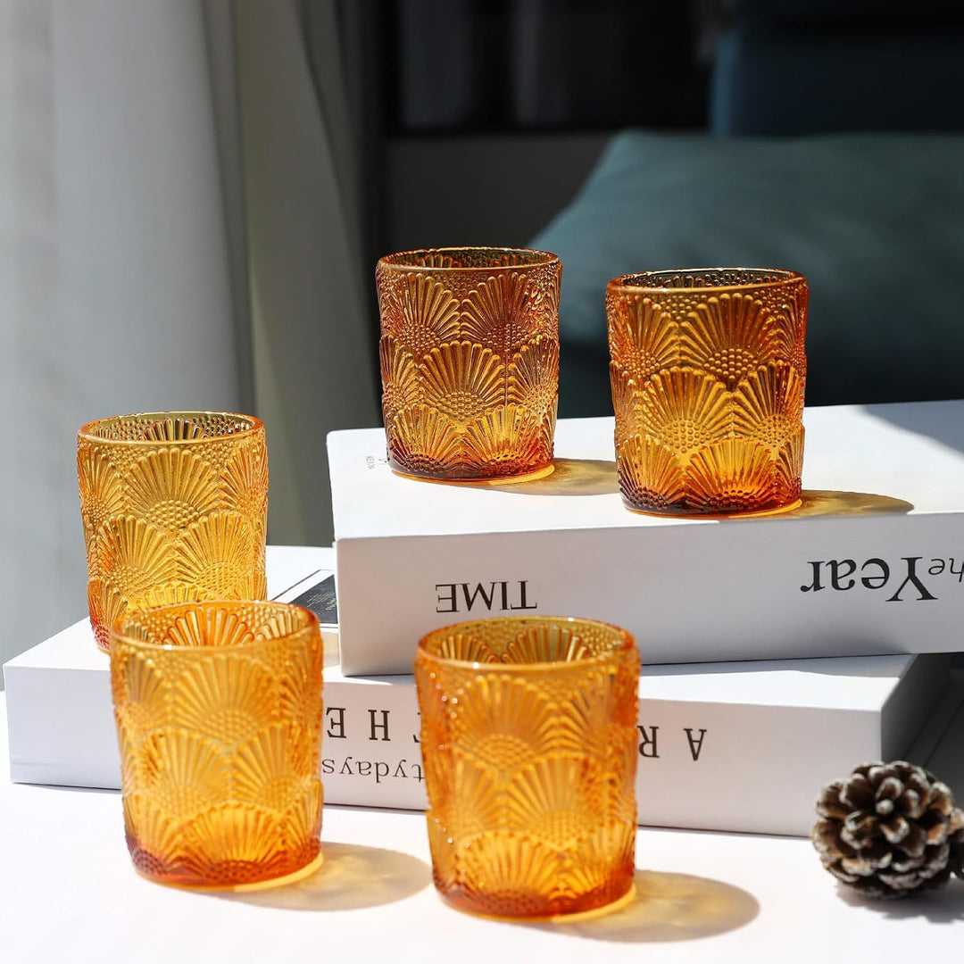 12 Stück Amber Teelichthalter Glas, Ginkgo-Biloba Teelichter Gläser (5,5 W × 6,5 H cm) im Grosspack