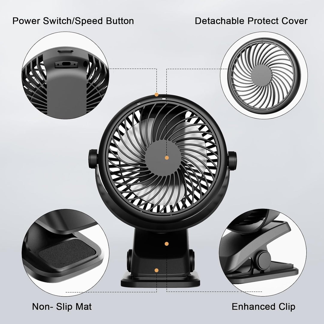 Mini Ventilator Akku mit Clip, USB-C Grow Ventilator Klein, Manuelle Drehung Tisch Ventilatoren Leis