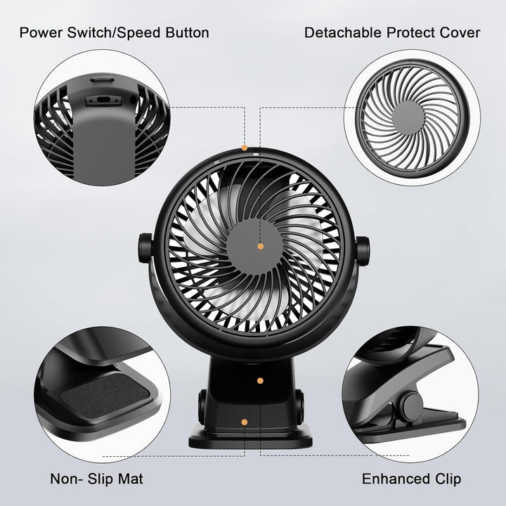 Mini Ventilator Akku mit Clip, USB-C Grow Ventilator Klein, Manuelle Drehung Tisch Ventilatoren Leis