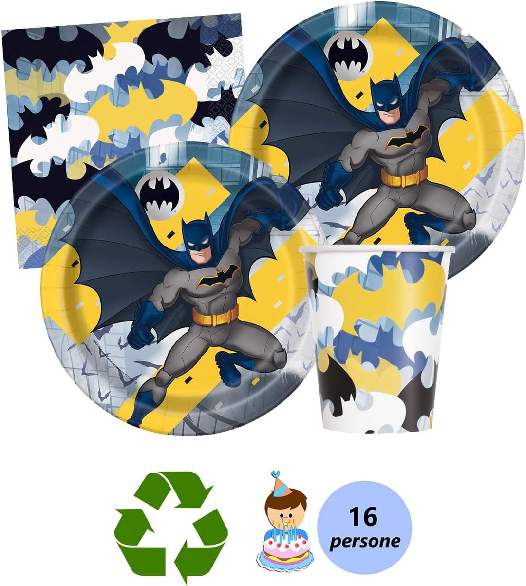 Isola Party Umweltfreundliches Batman-Geburtstagsparty-Set (16 Teller, 16 Tassen, 16 Servietten) Bat