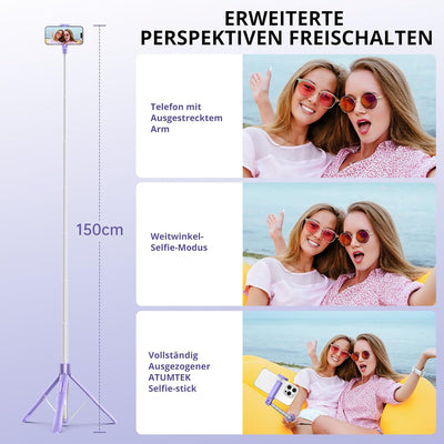 ATUMTEK Selfie-Stick,Einbeinstativ, Bluetooth, 3-in-1, ausziehbar 150CM, 360 ° drehbar, Detachable R