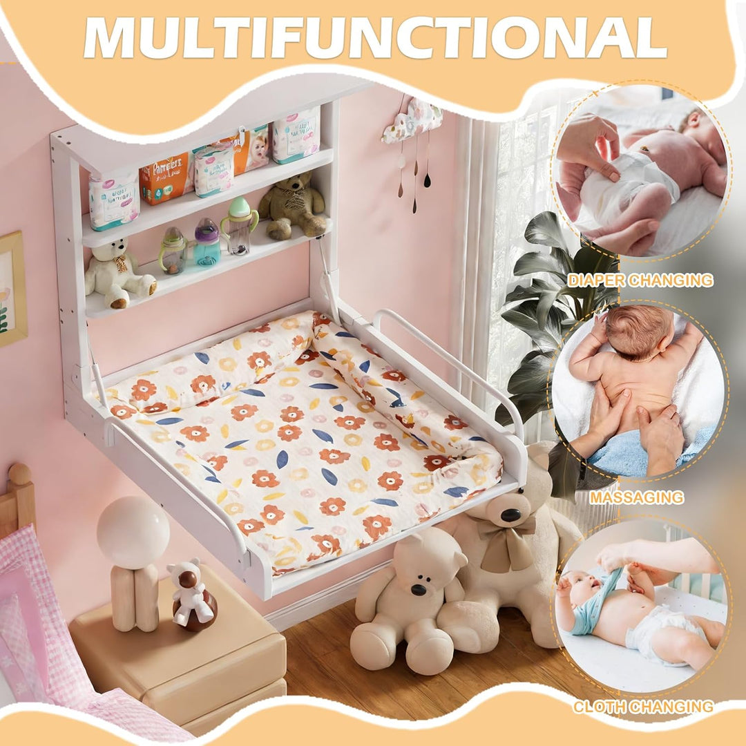 MSFE Wickelkommode Wickeltisch Klappbar, Baby Changing Table Wandwickeltisch mit 3 Regalfächern, Wic
