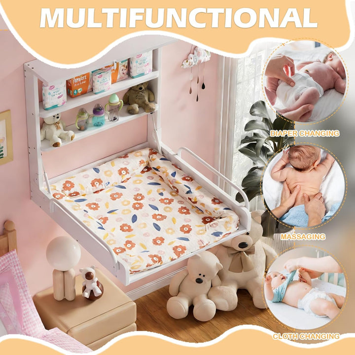 MSFE Wickelkommode Wickeltisch Klappbar, Baby Changing Table Wandwickeltisch mit 3 Regalfächern, Wic