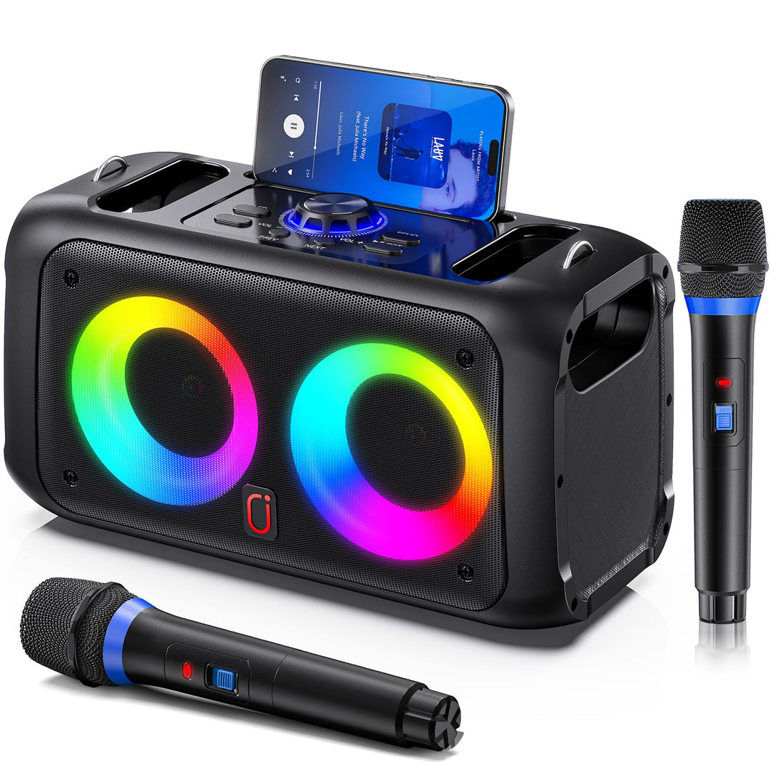 JYX Karaoke Anlage mit 2 Mikrofonen, Bluetooth Lautsprecher mit Licht, Tragbare Karaoke Maschine mit