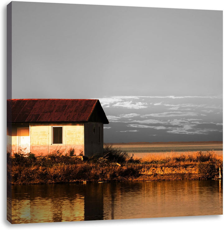 Pixxprint Haus am See bei Sonnenuntergang als Leinwandbild/Grösse: 70x70 cm/Wandbild/Kunstdruck/fert