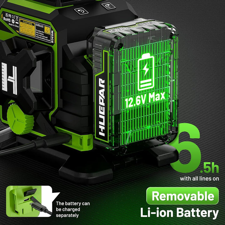 Huepar W03CG 3D-Laser-Nivelliergerät für Neubauten, 3x360° selbstnivellierend, 12 Linien, Bluetooth-