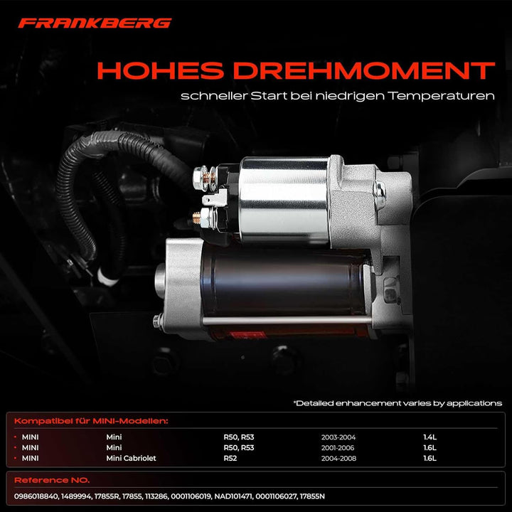 Frankberg Anlasser Starter Kompatibel mit M.i.n.i R50 R53 Cooper One 2001-2006 M.i.n.i Cabriolet R52