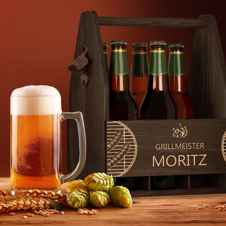 Maverton Bierträger für 6 Flaschen 0,5L + Gravur - Männerhandtasche mit Flaschenöffner - Grösse: 25x