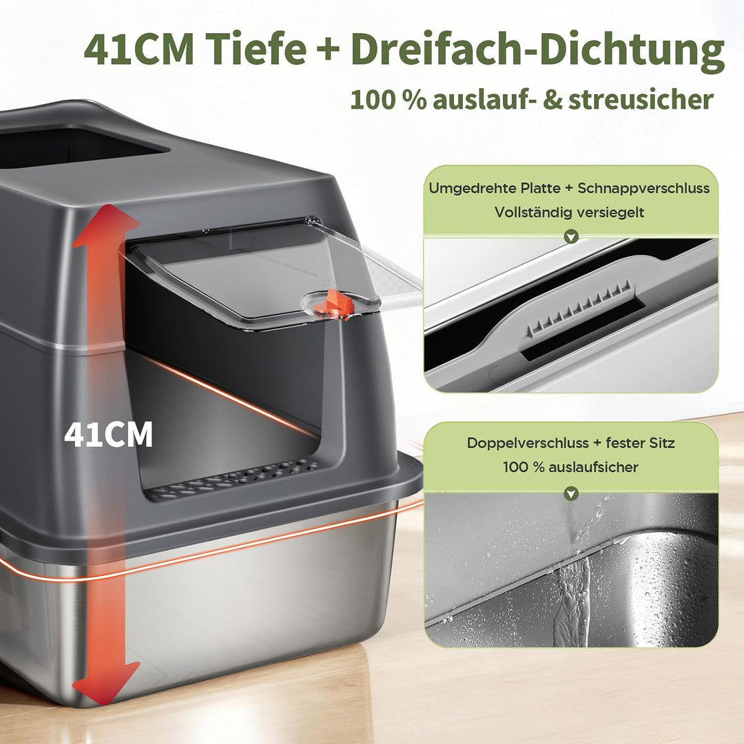 Gimars 3 in 1 Hochwandiger Anti-Auslauf Edelstahl Katzentoilette XXL mit Deckel, Extra Grosses Gesch