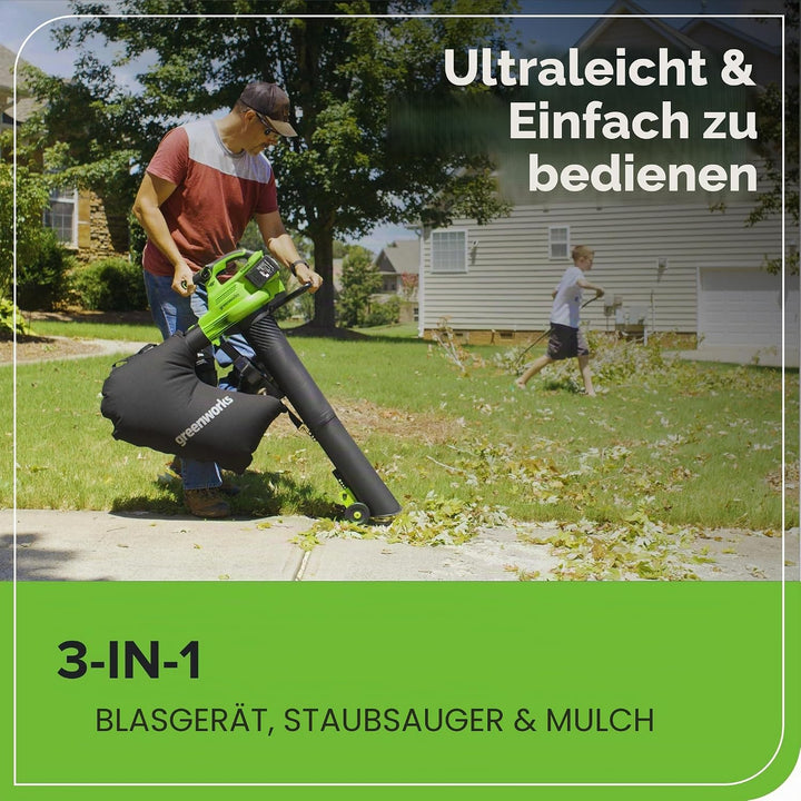 Greenworks 48V(24V x 2) Akku Laubsauger - Laubbläser mit Schultergurt, bürstenloser Motor, 386 km/h,