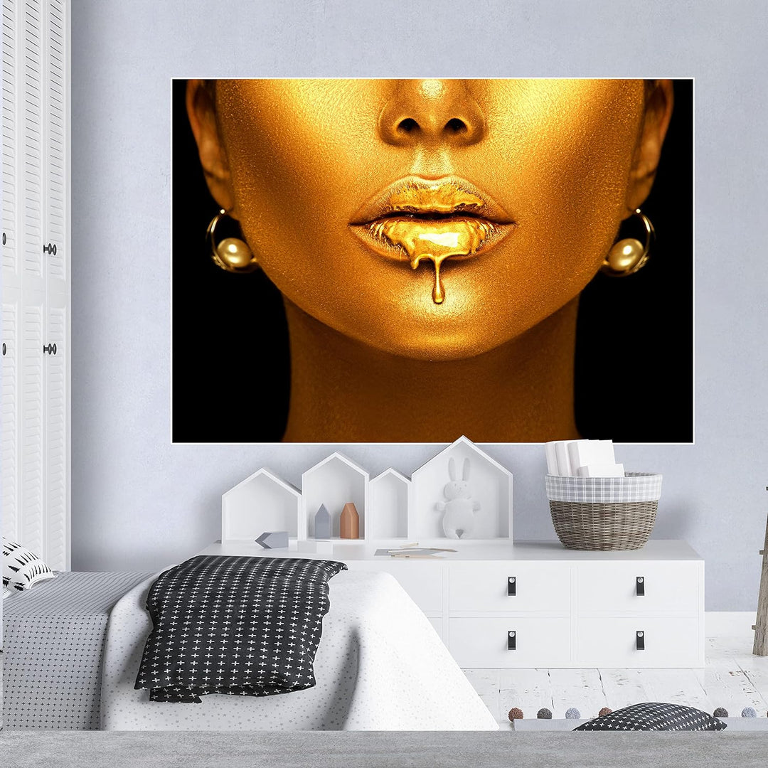 wandmotiv24 Poster als Wanddeko, Grösse 100x70cm, Gold Collection, Frau in Gold, Lippen, Farbe, Schm